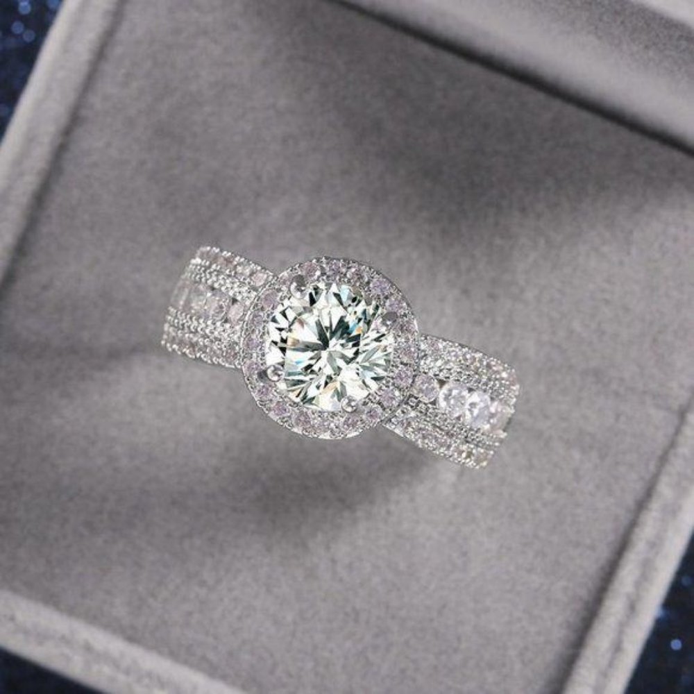 NEW 925 Sterling Silver Round Diamond Halo Ring - Picture 3 of 7